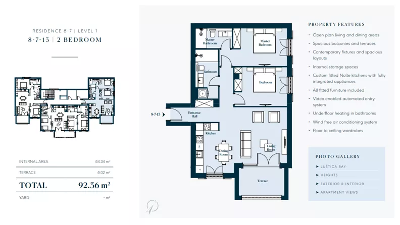 3 pokoje, mieszkanie 92,36 m², piętro 1, oferta nr 8713, HEIGHTS by Luštica Bay, Tivat