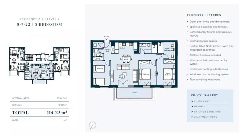 4 pokoje, mieszkanie 114,22 m², piętro 2, oferta nr 8722, HEIGHTS by Luštica Bay, Tivat