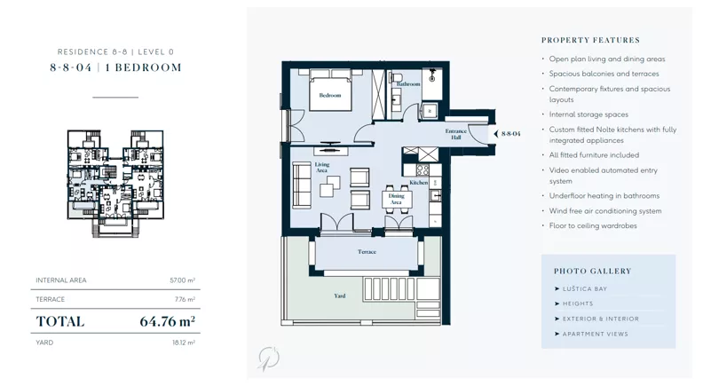 2 pokoje, mieszkanie 64,76 m², parter, oferta nr 8804, HEIGHTS by Luštica Bay, Tivat