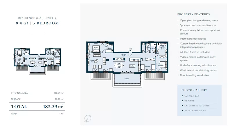 4 pokoje, mieszkanie 183,29 m², piętro 2, oferta nr 8821, HEIGHTS by Luštica Bay, Tivat