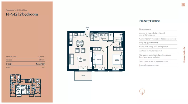 3 pokoje, mieszkanie 77,56 m², piętro 1, oferta nr 14|4|12, Centrale - Block 14 by Luštica bay, Radovici