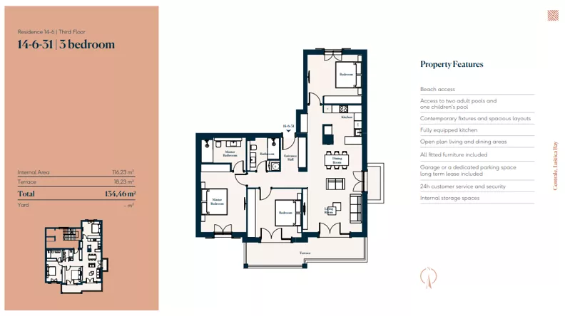 4 pokoje, mieszkanie 116,23 m², piętro 3, oferta nr 14|6|31, Centrale - Block 14 by Luštica bay, Radovici