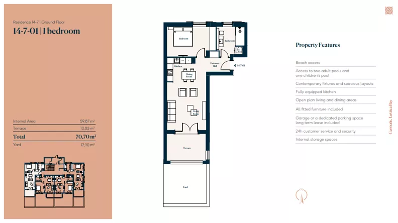 2 pokoje, mieszkanie 59,87 m², parter, oferta nr 14|7|01, Centrale - Block 14 by Luštica bay, Radovici