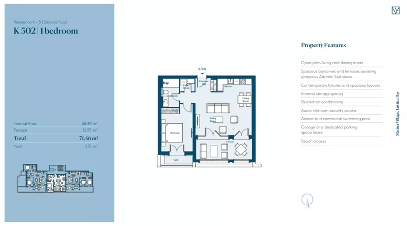2 pokoje, mieszkanie 71,46 m², parter, oferta nr K502, MARINA VILLAGE by Luštica Bay, Tivat