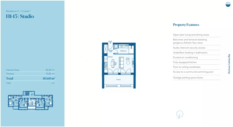 1 pokój, mieszkanie 30,32 m², piętro 1, oferta nr H1-13, Horizon by Luštica Bay, Tivat, Radovici