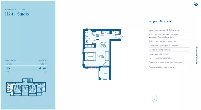 1 pokój, mieszkanie 46,32 m², piętro 1, oferta nr H2-11, Horizon by Luštica Bay, Tivat, Radovici