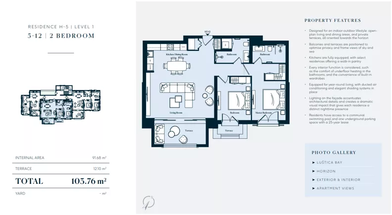 3 pokoje, mieszkanie 91,68 m², piętro 1, oferta nr H5-12, Horizon by Luštica Bay, Tivat, Radovici