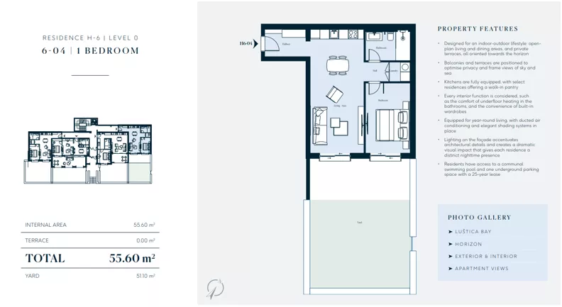 2 pokoje, mieszkanie 55,60 m², parter, oferta nr H6-04, Horizon by Luštica Bay, Tivat, Radovici