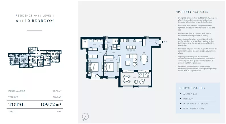 3 pokoje, mieszkanie 98,72 m², piętro 1, oferta nr H6-11, Horizon by Luštica Bay, Tivat, Radovici