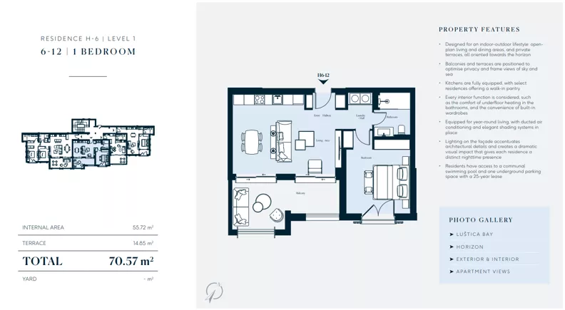 2 pokoje, mieszkanie 55,72 m², piętro 1, oferta nr H6-12, Horizon by Luštica Bay, Tivat, Radovici