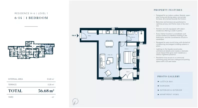2 pokoje, mieszkanie 51,40 m², piętro 1, oferta nr H6-14, Horizon by Luštica Bay, Tivat, Radovici