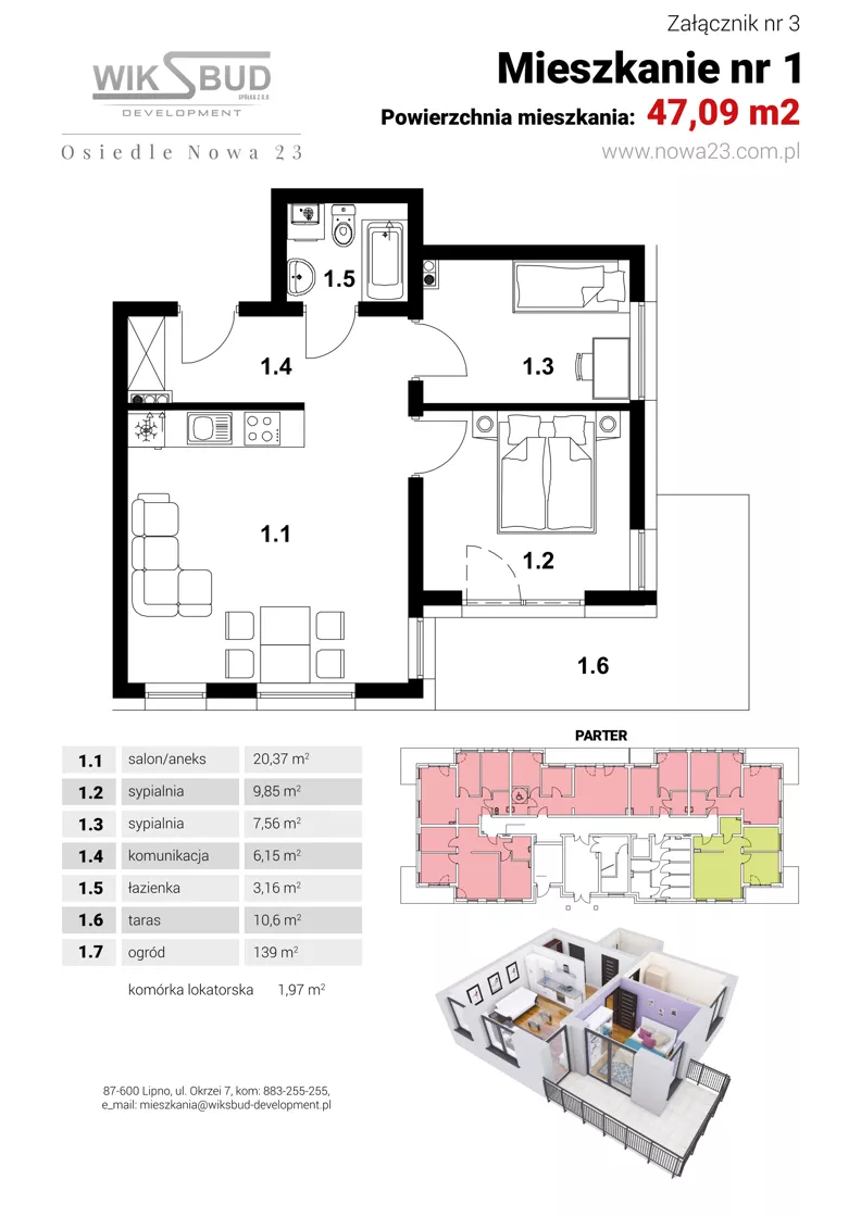 2 pokoje, mieszkanie 47,09 m², parter, oferta nr L1 , Osiedle Nowa 23, Brześć Kujawski, ul. Nowa 23