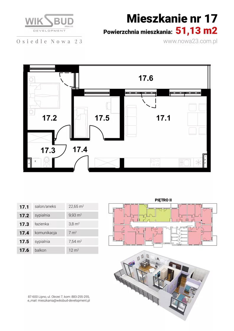 2 pokoje, mieszkanie 51,13 m², piętro 2, oferta nr L17, Osiedle Nowa 23, Brześć Kujawski, ul. Nowa 23