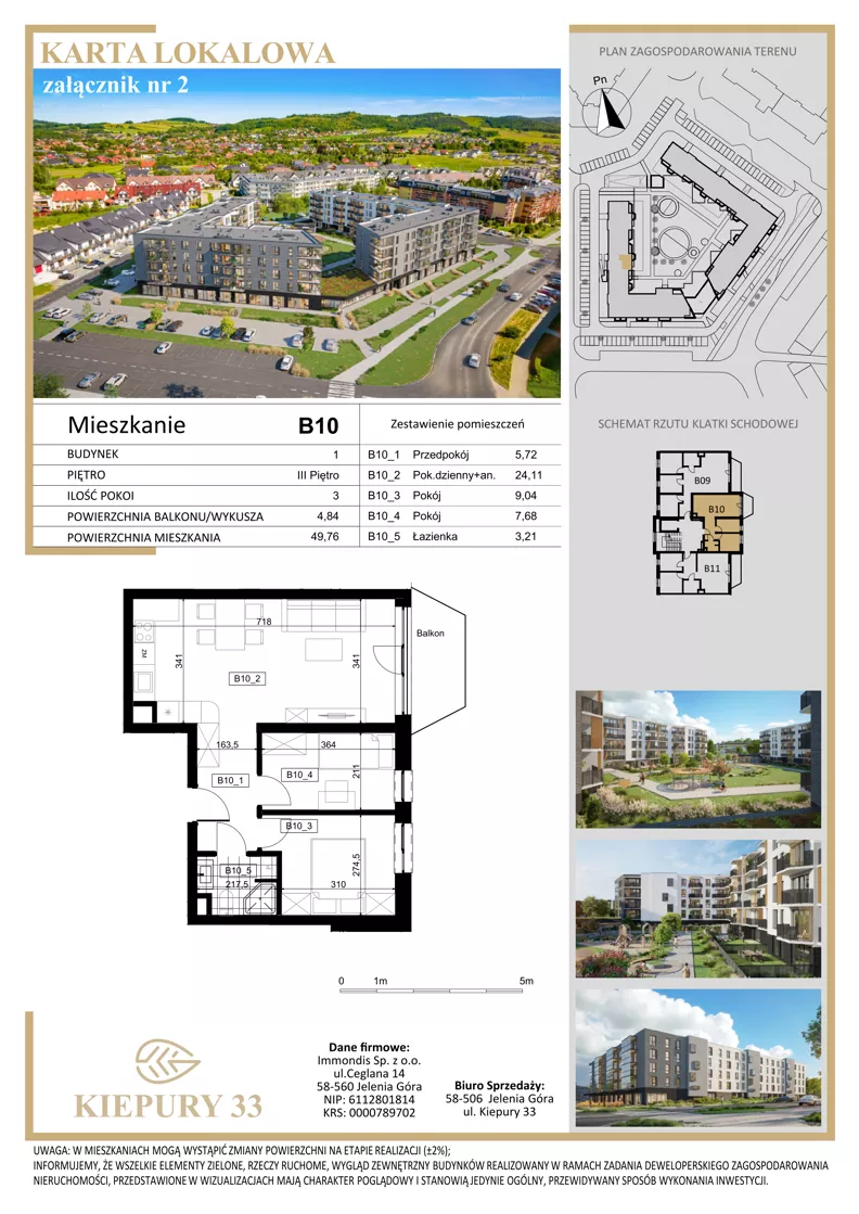3 pokoje, mieszkanie 49,76 m², piętro 3, oferta nr B10, Kiepury 33, Jelenia Góra, Zabobrze, ul. Jana Kiepury