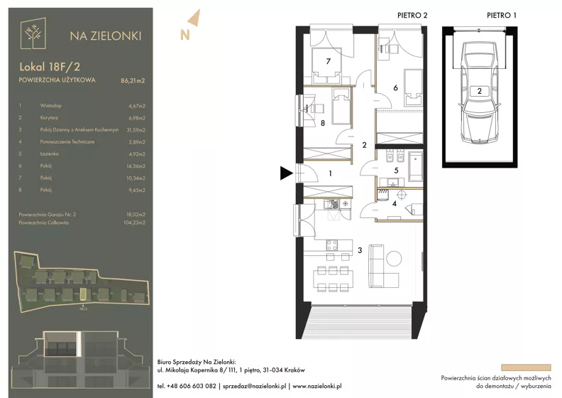 4 pokoje, mieszkanie 86,21 m², piętro 1, oferta nr 18F/2, Na Zielonki - Etap II, Kraków, Prądnik Biały, ul. Na Zielonki 20