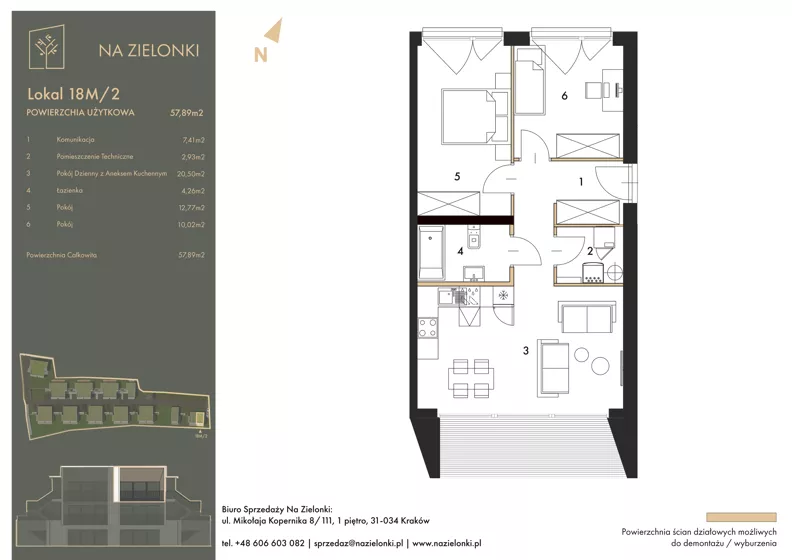 3 pokoje, mieszkanie 57,89 m², piętro 2, oferta nr 18M/2, Na Zielonki - Etap II, Kraków, Prądnik Biały, ul. Na Zielonki 20