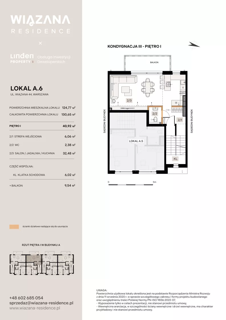 5 pokoi, mieszkanie 124,77 m², piętro 1, oferta nr A.6, Wiązana Residence, Warszawa, Wawer, Zerzeń, ul. Wiązana 44