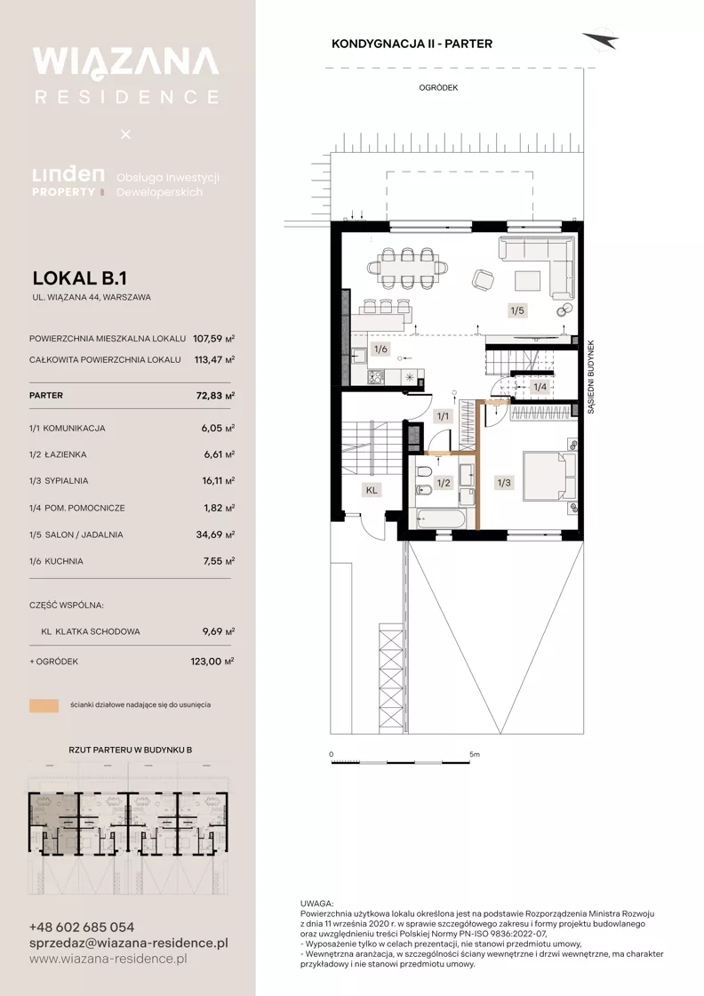 4 pokoje, mieszkanie 107,59 m², parter, oferta nr B.1, Wiązana Residence, Warszawa, Wawer, Zerzeń, ul. Wiązana 44
