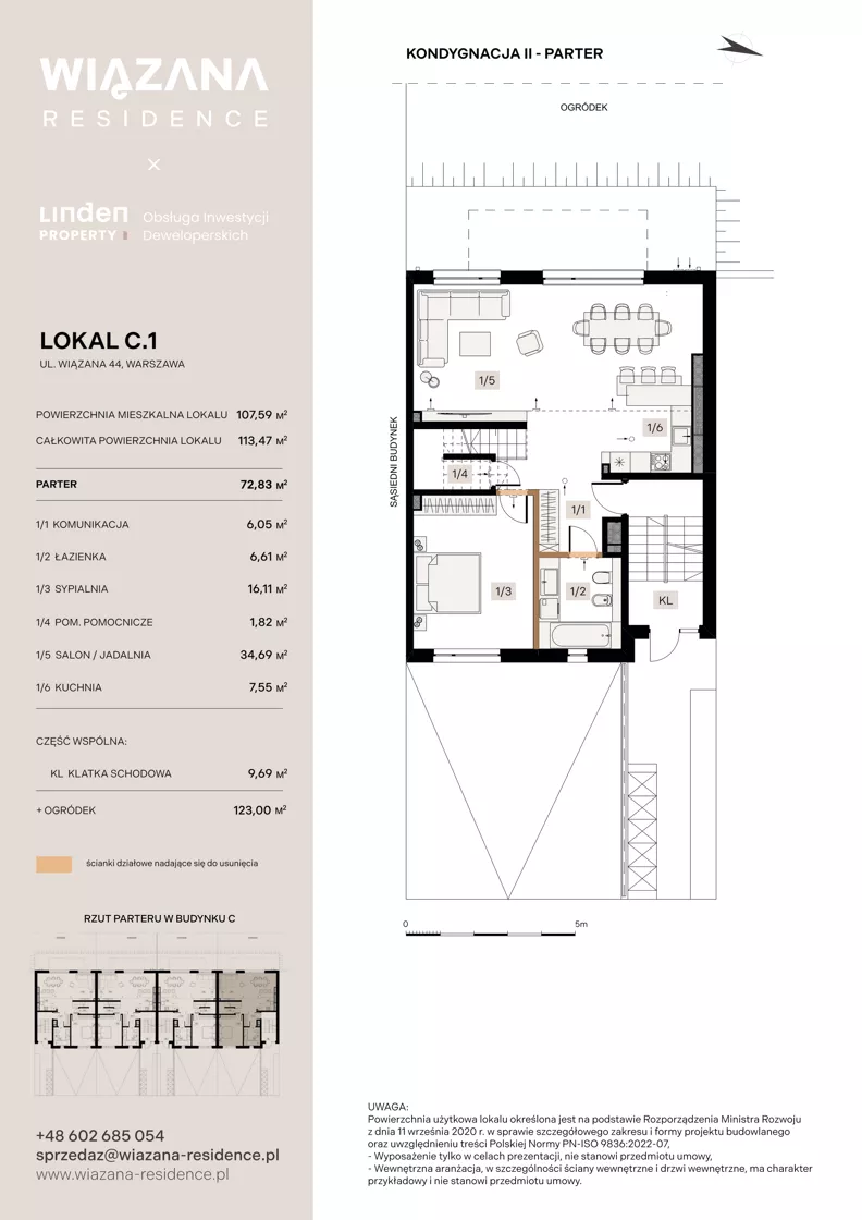 4 pokoje, mieszkanie 107,59 m², parter, oferta nr C.1, Wiązana Residence, Warszawa, Wawer, Zerzeń, ul. Wiązana 44
