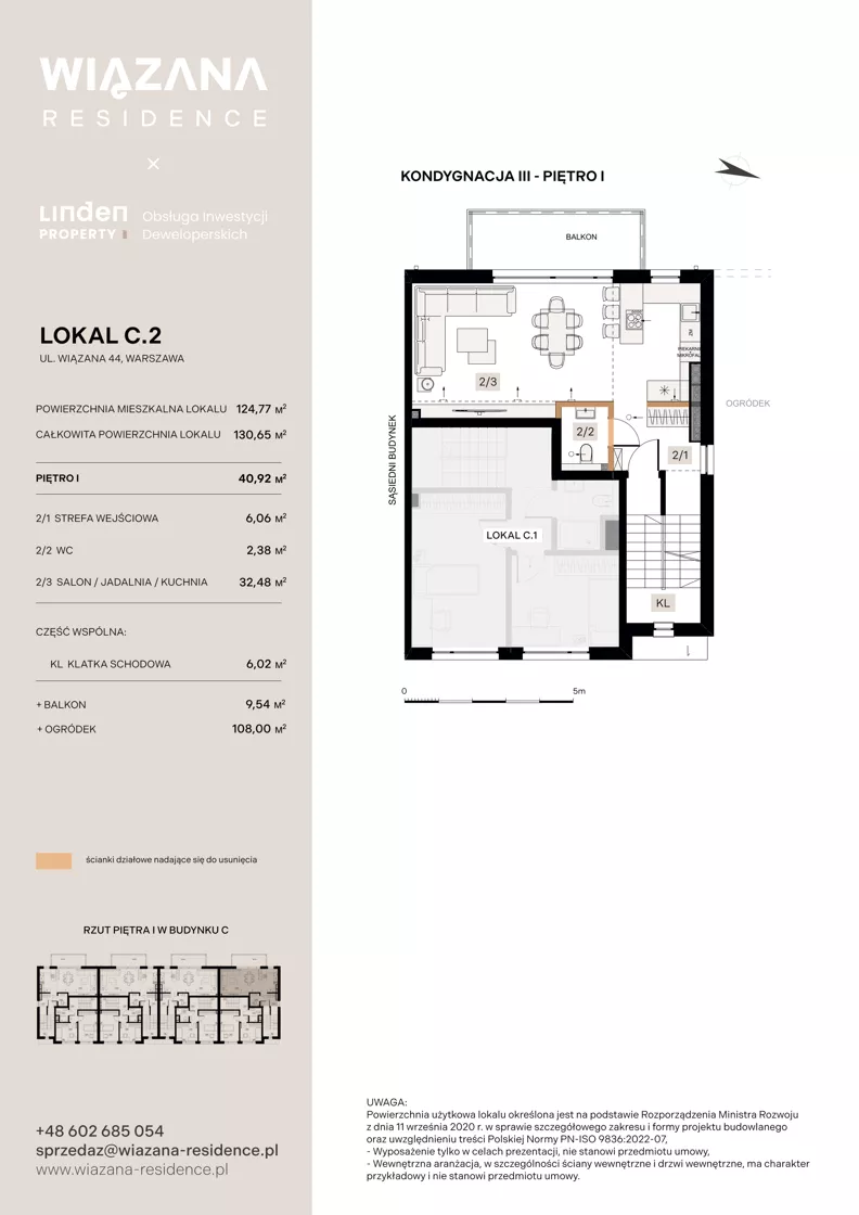 5 pokoi, mieszkanie 124,77 m², piętro 1, oferta nr C.2, Wiązana Residence, Warszawa, Wawer, Zerzeń, ul. Wiązana 44