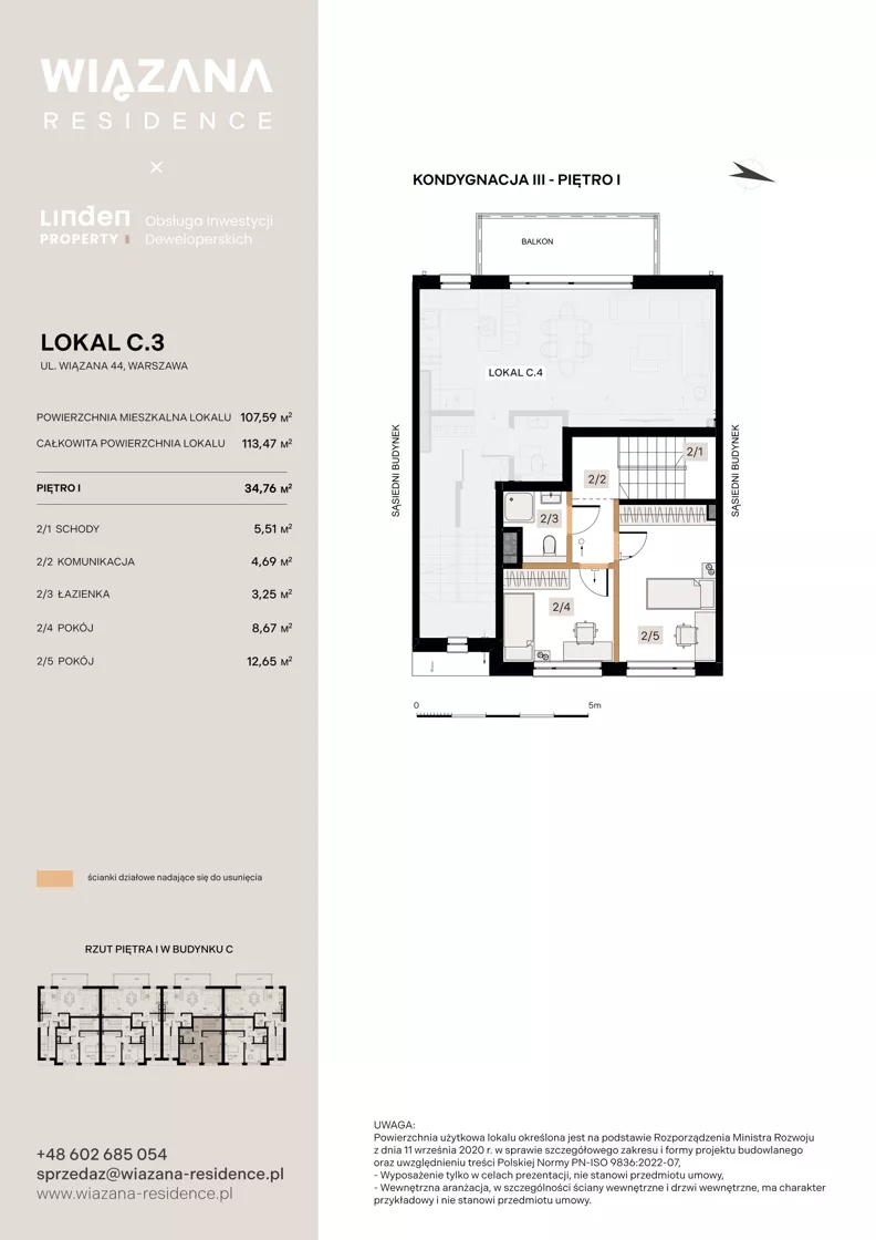 4 pokoje, mieszkanie 107,59 m², parter, oferta nr C.3, Wiązana Residence, Warszawa, Wawer, Zerzeń, ul. Wiązana 44