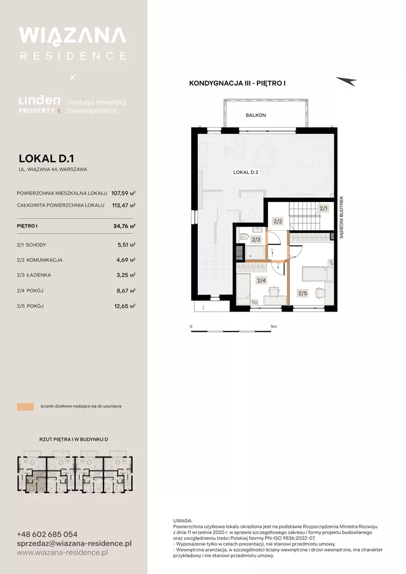 4 pokoje, mieszkanie 107,59 m², parter, oferta nr D.1, Wiązana Residence, Warszawa, Wawer, Zerzeń, ul. Wiązana 44