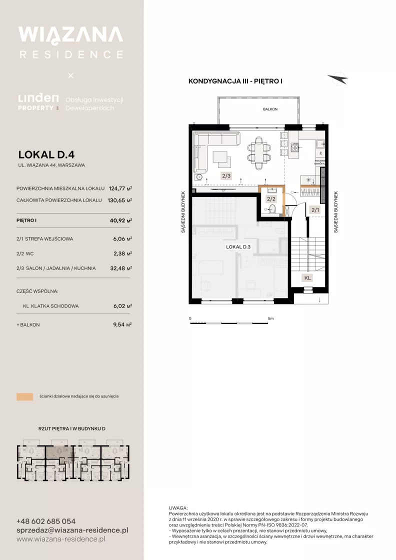 5 pokoi, mieszkanie 124,77 m², piętro 1, oferta nr D.4, Wiązana Residence, Warszawa, Wawer, Zerzeń, ul. Wiązana 44