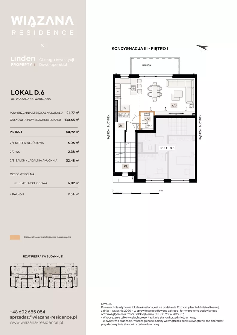 5 pokoi, mieszkanie 124,77 m², piętro 1, oferta nr D.6, Wiązana Residence, Warszawa, Wawer, Zerzeń, ul. Wiązana 44