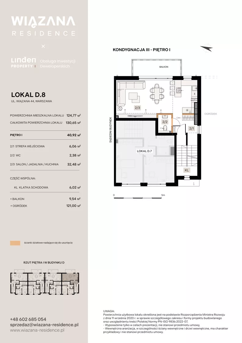 5 pokoi, mieszkanie 124,77 m², piętro 1, oferta nr D.8, Wiązana Residence, Warszawa, Wawer, Zerzeń, ul. Wiązana 44