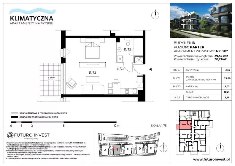 2 pokoje, apartament inwestycyjny 38,65 m², parter, oferta nr B1/7, Apartamenty Klimatyczna, Gdańsk, Wyspa Sobieszewska, ul. Klimatyczna 88