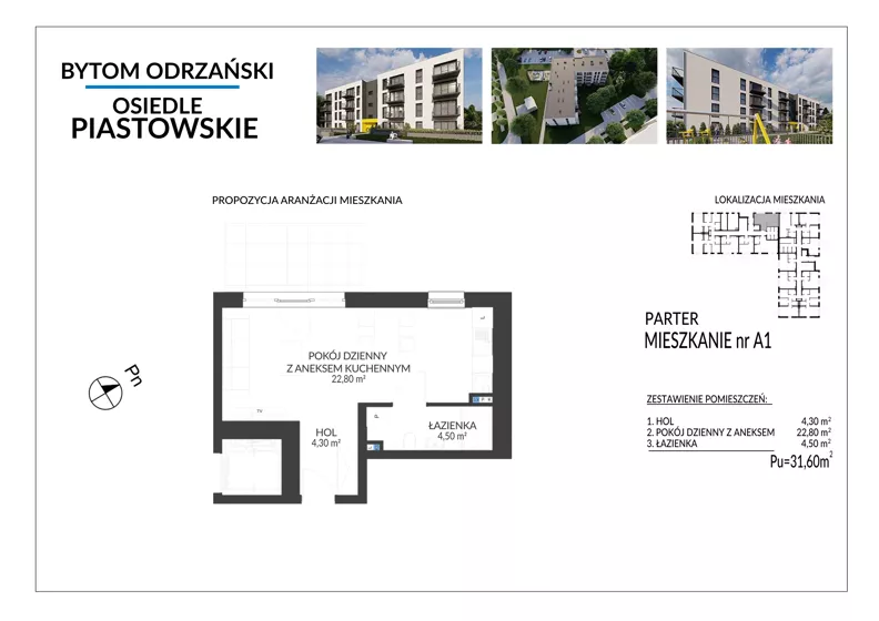 1 pokój, mieszkanie 31,60 m², parter, oferta nr A1, Osiedle Piastowskie, Bytom Odrzański, ul. Witosa