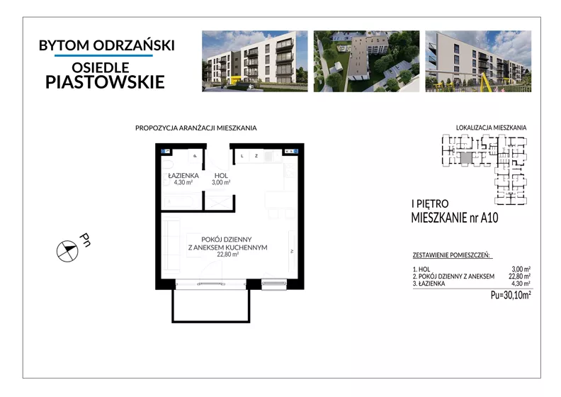 1 pokój, mieszkanie 30,10 m², piętro 1, oferta nr A10, Osiedle Piastowskie, Bytom Odrzański, ul. Witosa