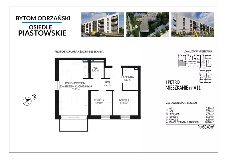 3 pokoje, mieszkanie 50,40 m², piętro 1, oferta nr A11, Osiedle Piastowskie, Bytom Odrzański, ul. Witosa