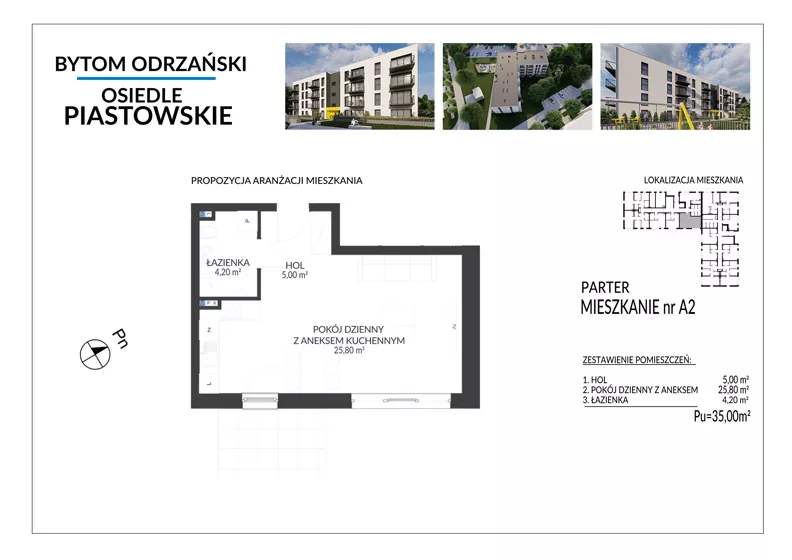 1 pokój, mieszkanie 35,00 m², parter, oferta nr A2, Osiedle Piastowskie, Bytom Odrzański, ul. Witosa