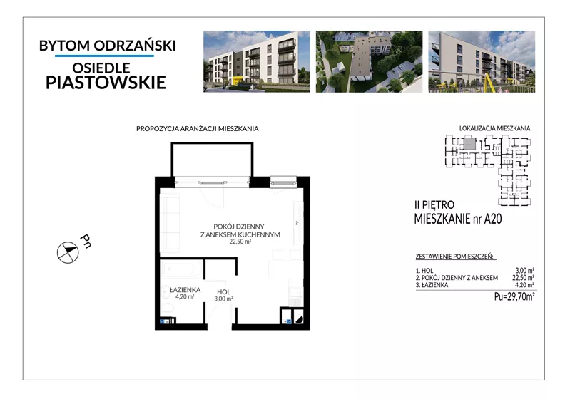 1 pokój, mieszkanie 29,70 m², piętro 2, oferta nr A20, Osiedle Piastowskie, Bytom Odrzański, ul. Witosa