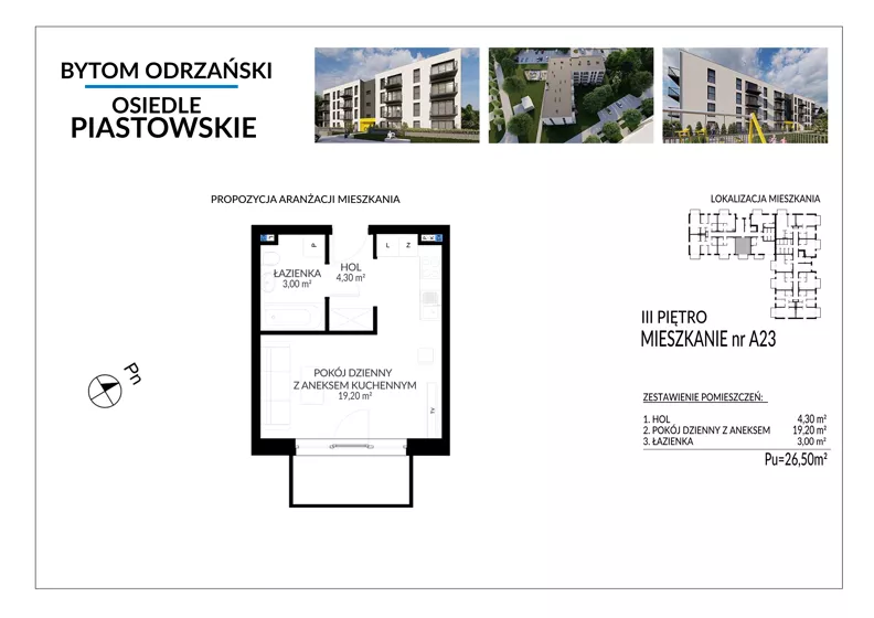 1 pokój, mieszkanie 26,50 m², piętro 3, oferta nr A23, Osiedle Piastowskie, Bytom Odrzański, ul. Witosa