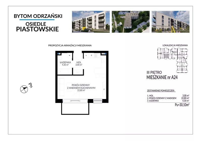 1 pokój, mieszkanie 30,10 m², piętro 3, oferta nr A24, Osiedle Piastowskie, Bytom Odrzański, ul. Witosa