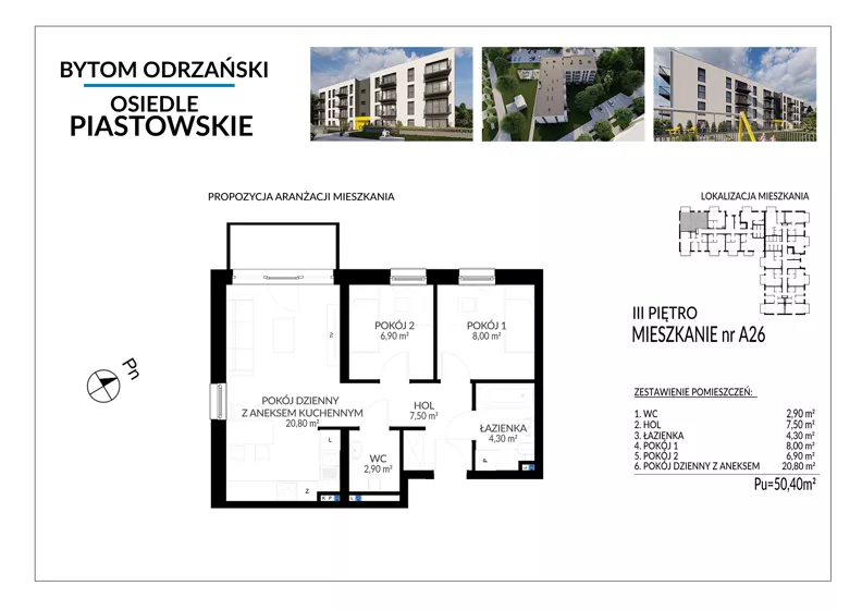 3 pokoje, mieszkanie 50,40 m², piętro 3, oferta nr A26, Osiedle Piastowskie, Bytom Odrzański, ul. Witosa