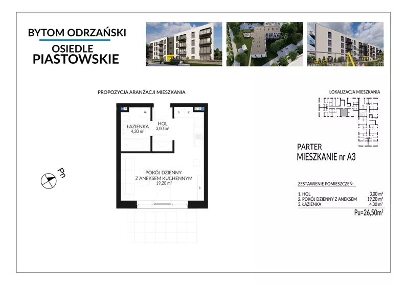 1 pokój, mieszkanie 26,50 m², parter, oferta nr A3, Osiedle Piastowskie, Bytom Odrzański, ul. Witosa
