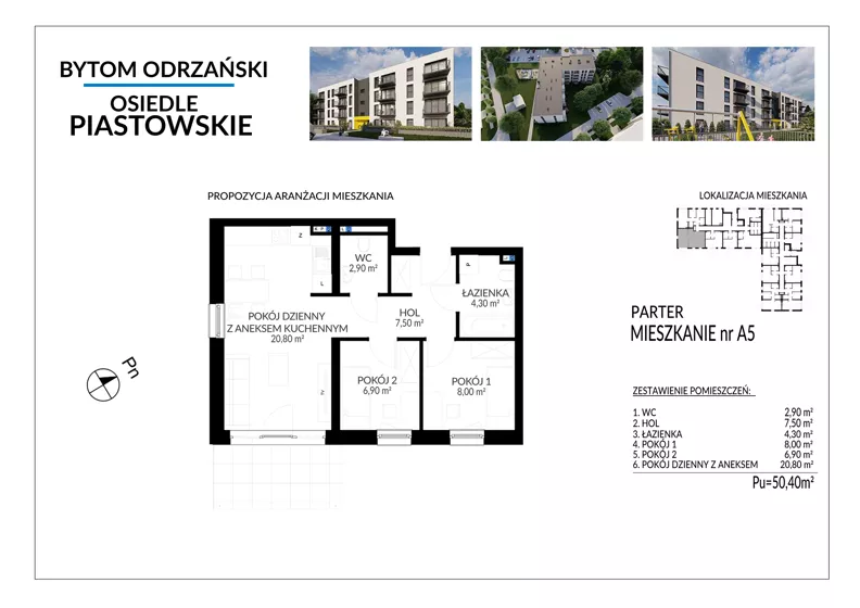 3 pokoje, mieszkanie 50,40 m², parter, oferta nr A5, Osiedle Piastowskie, Bytom Odrzański, ul. Witosa