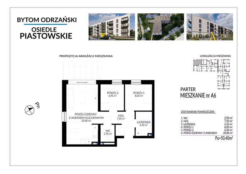 3 pokoje, mieszkanie 50,40 m², parter, oferta nr A6, Osiedle Piastowskie, Bytom Odrzański, ul. Witosa