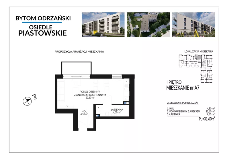 1 pokój, mieszkanie 31,60 m², piętro 1, oferta nr A7, Osiedle Piastowskie, Bytom Odrzański, ul. Witosa