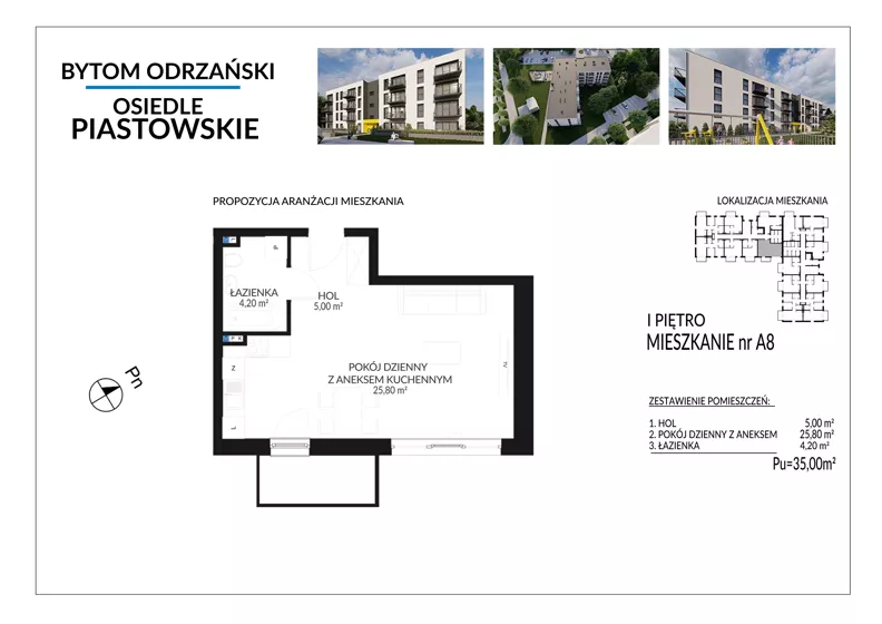 1 pokój, mieszkanie 35,00 m², piętro 1, oferta nr A8, Osiedle Piastowskie, Bytom Odrzański, ul. Witosa