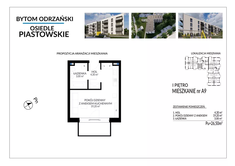 1 pokój, mieszkanie 26,50 m², piętro 1, oferta nr A9, Osiedle Piastowskie, Bytom Odrzański, ul. Witosa