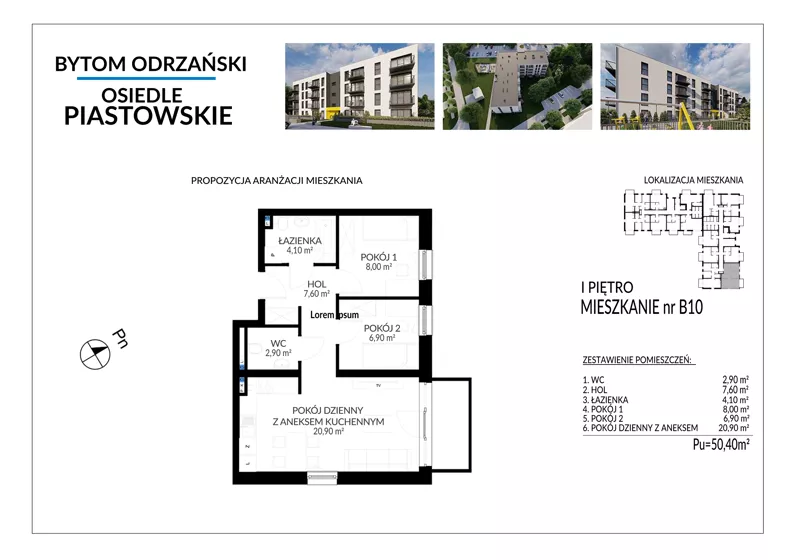 3 pokoje, mieszkanie 50,40 m², piętro 1, oferta nr B10, Osiedle Piastowskie, Bytom Odrzański, ul. Witosa