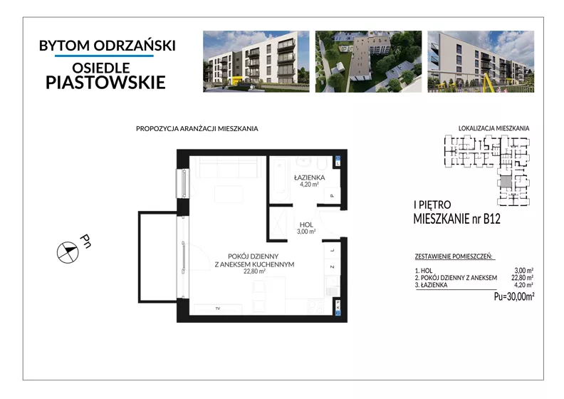 1 pokój, mieszkanie 30,00 m², piętro 1, oferta nr B12, Osiedle Piastowskie, Bytom Odrzański, ul. Witosa
