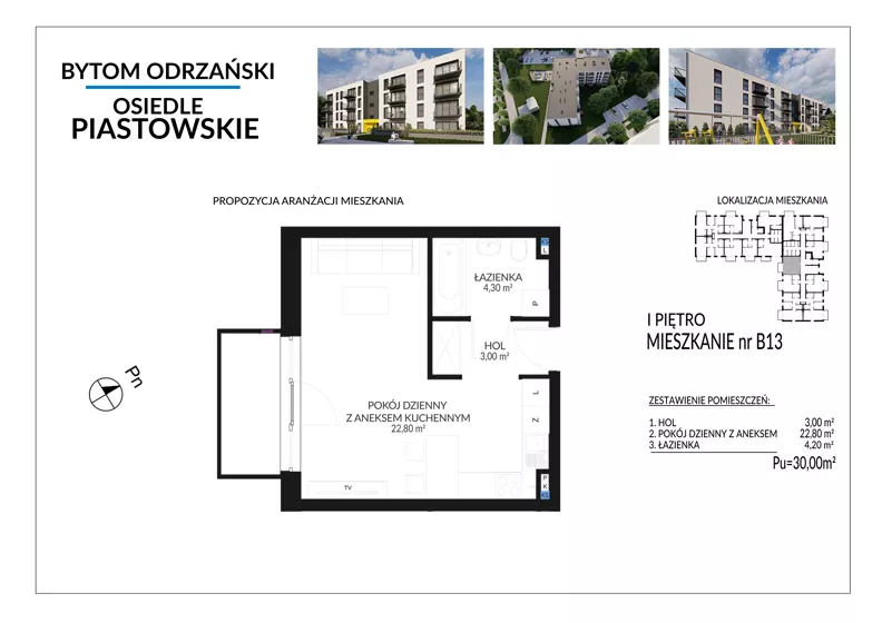 1 pokój, mieszkanie 30,00 m², piętro 1, oferta nr B13, Osiedle Piastowskie, Bytom Odrzański, ul. Witosa
