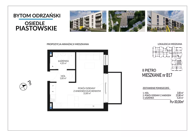 1 pokój, mieszkanie 30,00 m², piętro 2, oferta nr B17, Osiedle Piastowskie, Bytom Odrzański, ul. Witosa