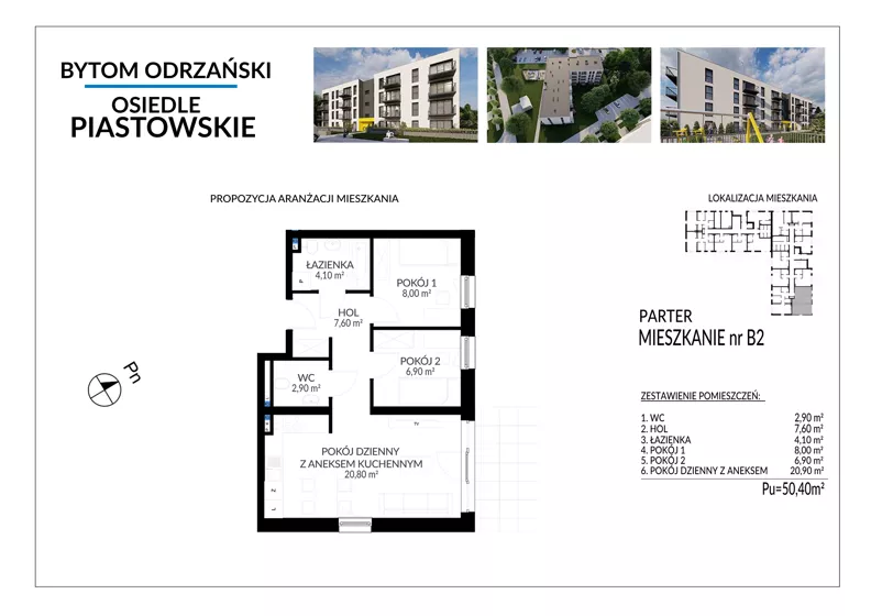 3 pokoje, mieszkanie 50,40 m², parter, oferta nr B2, Osiedle Piastowskie, Bytom Odrzański, ul. Witosa