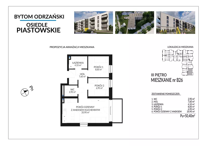 3 pokoje, mieszkanie 50,40 m², piętro 3, oferta nr B26, Osiedle Piastowskie, Bytom Odrzański, ul. Witosa